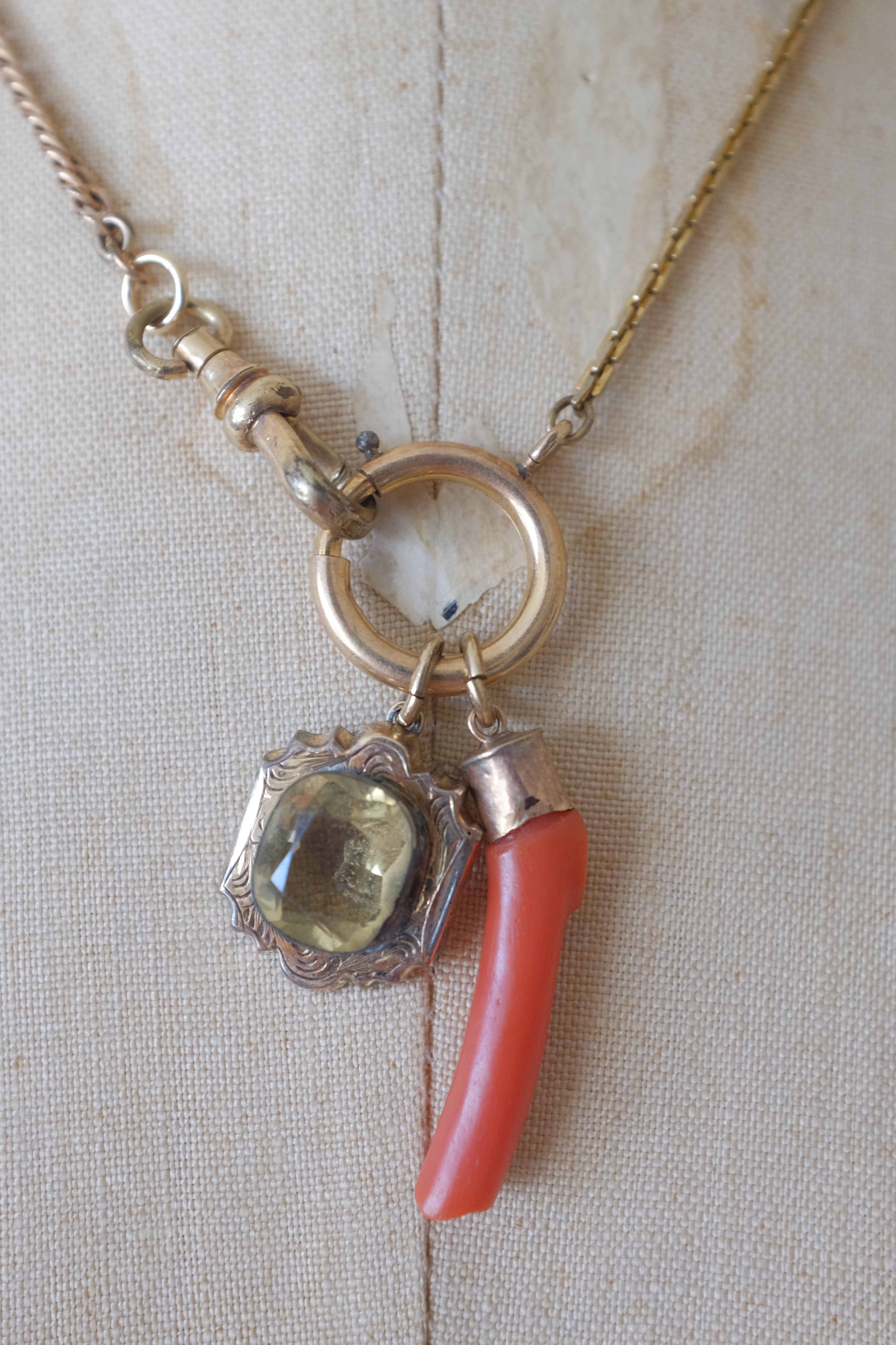 Antique Citrine Glass & Coral Branch Necklace