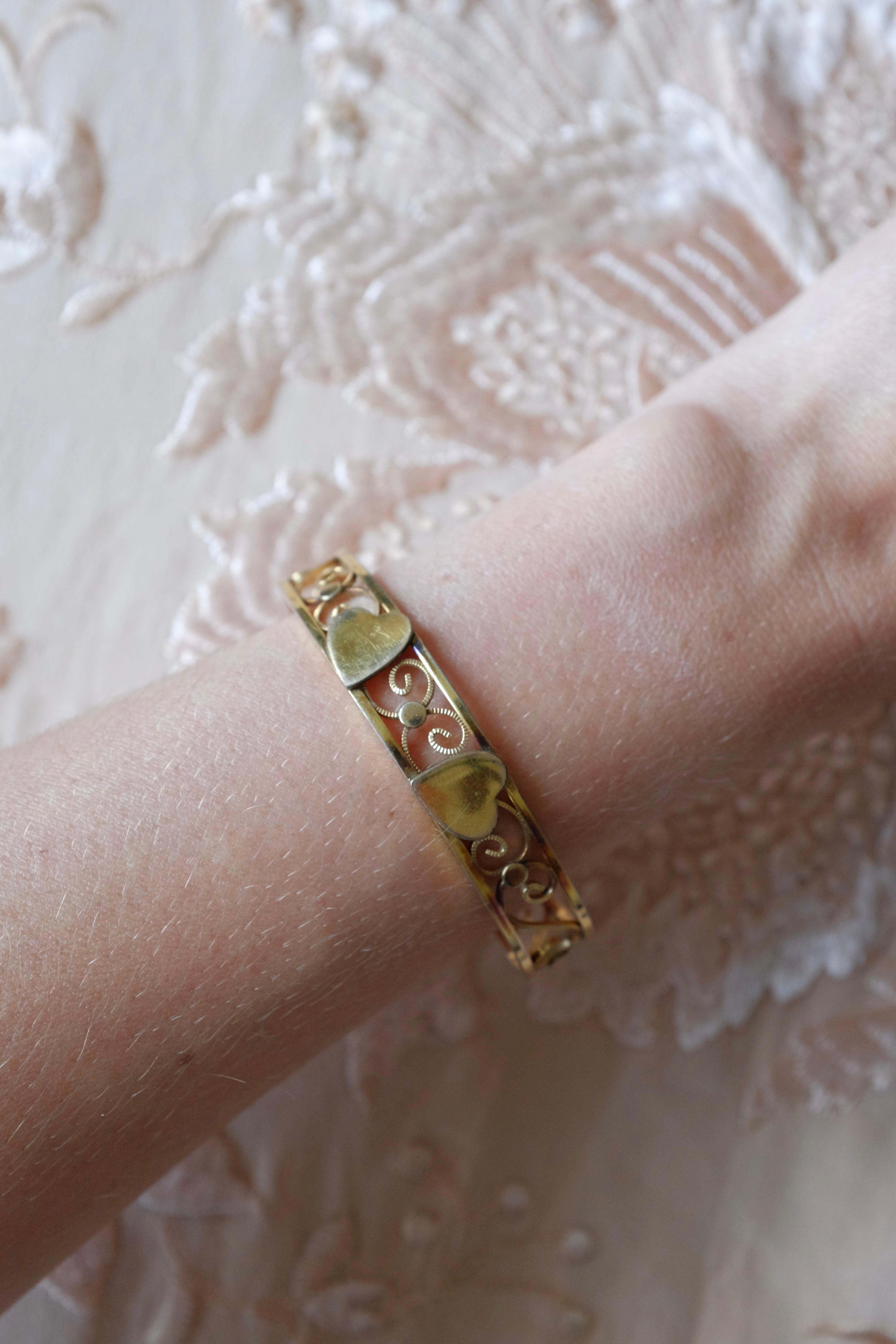 Vintage Gold Filled Filigree Hearts Cuff Bracelet