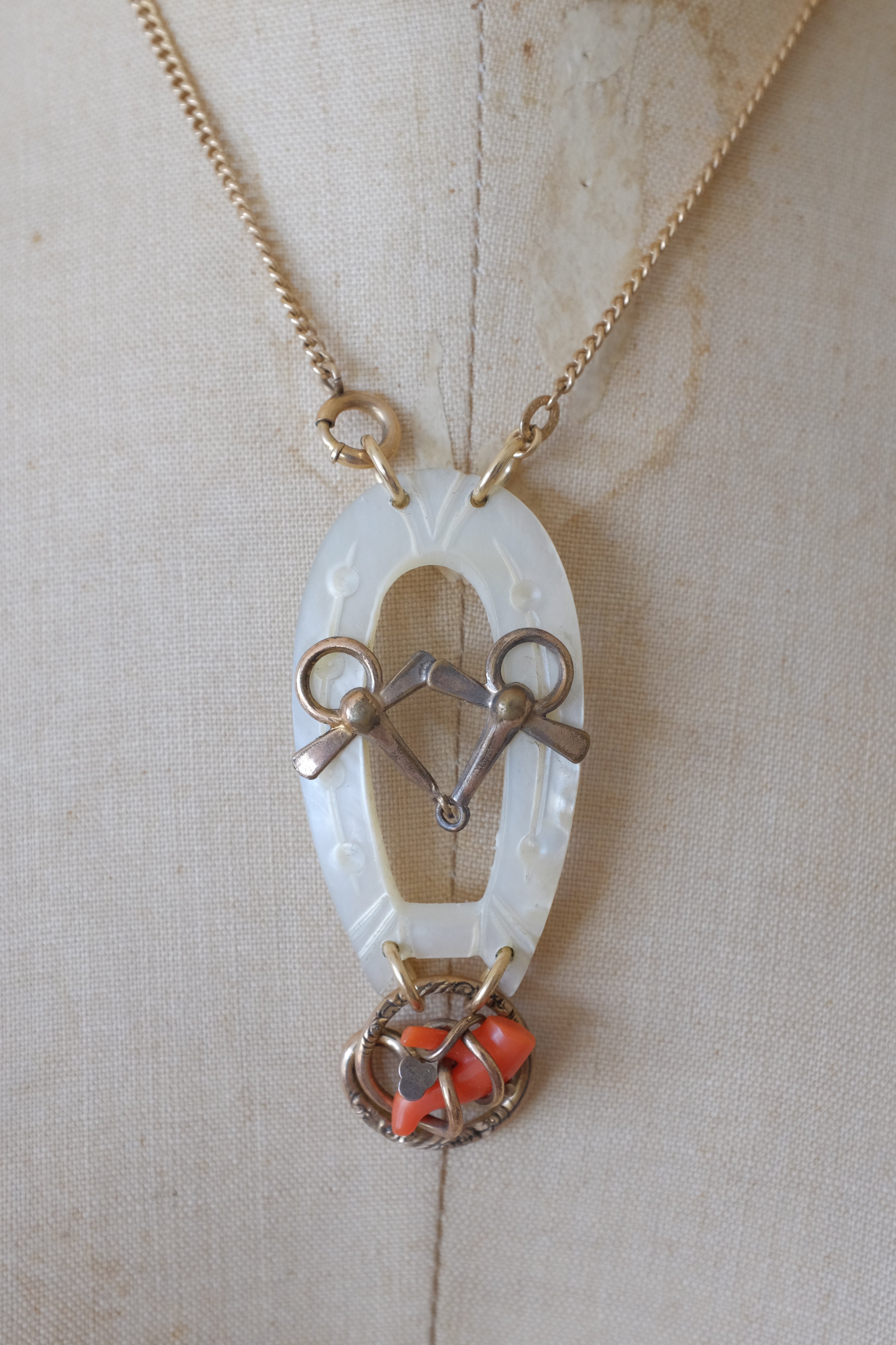 Antique Mother Of Pearl Horseshoe & Coral Necklace