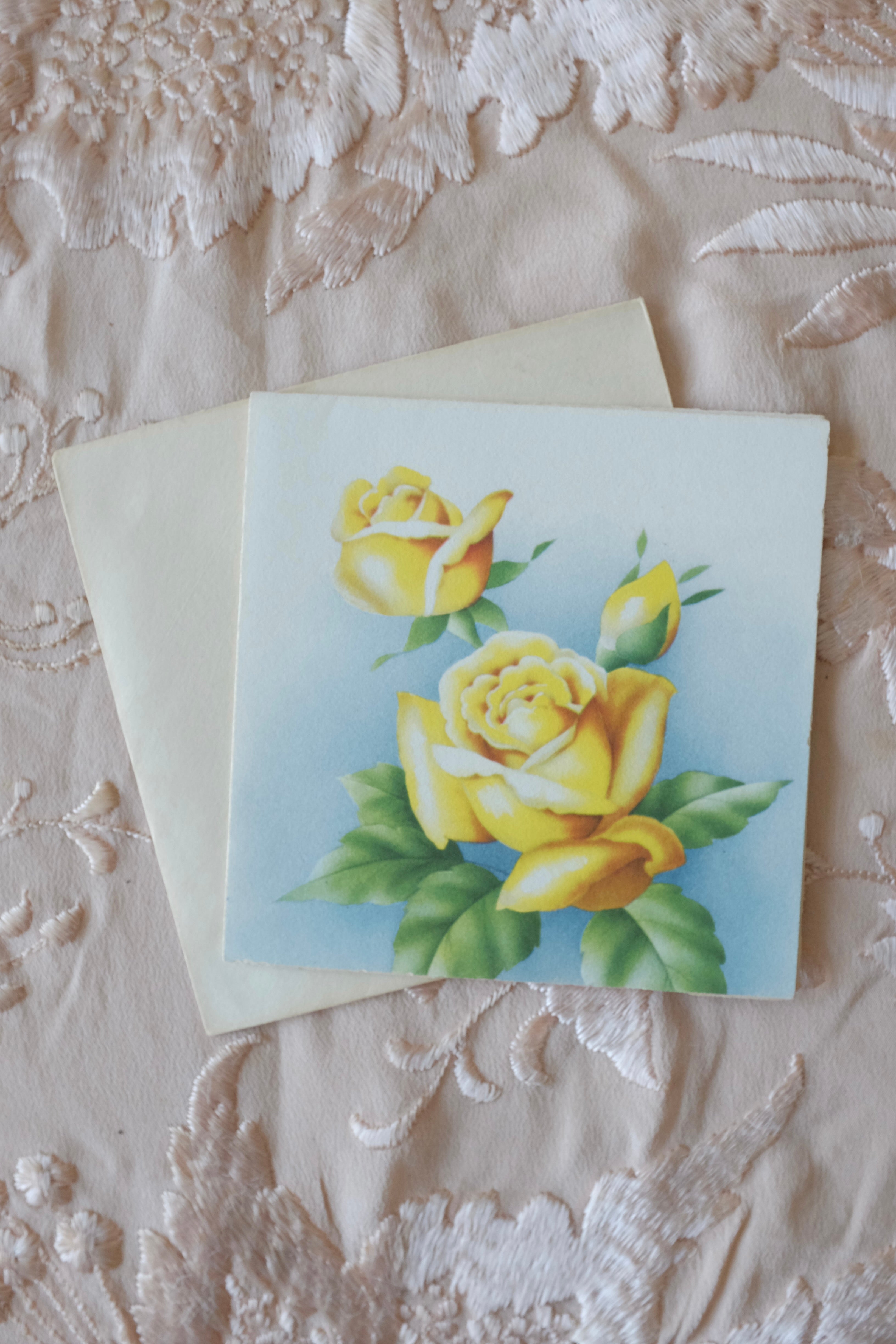Vintage Blank Yellow Roses Greeting Card & Envelope