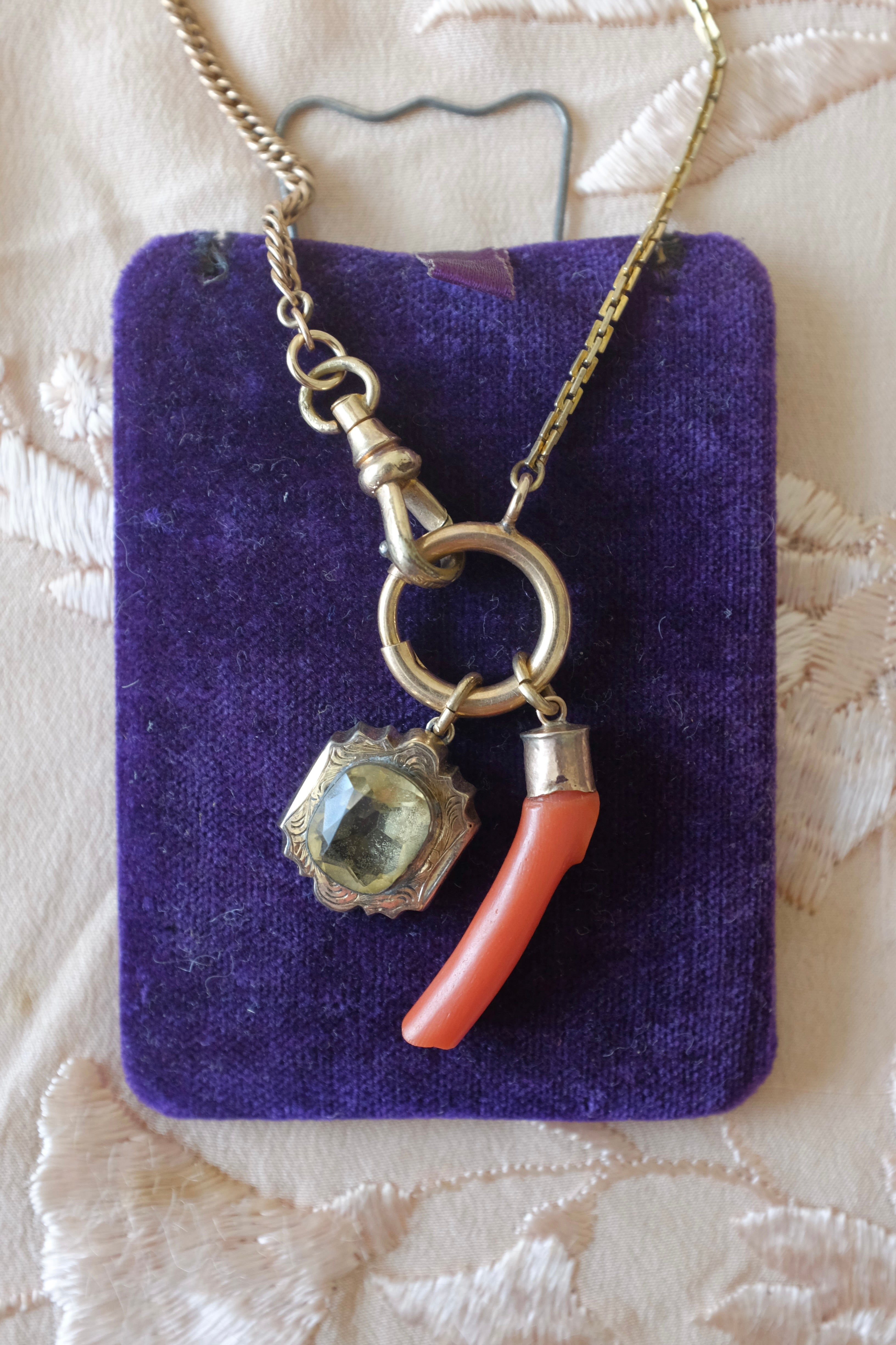 Antique Citrine Glass & Coral Branch Necklace
