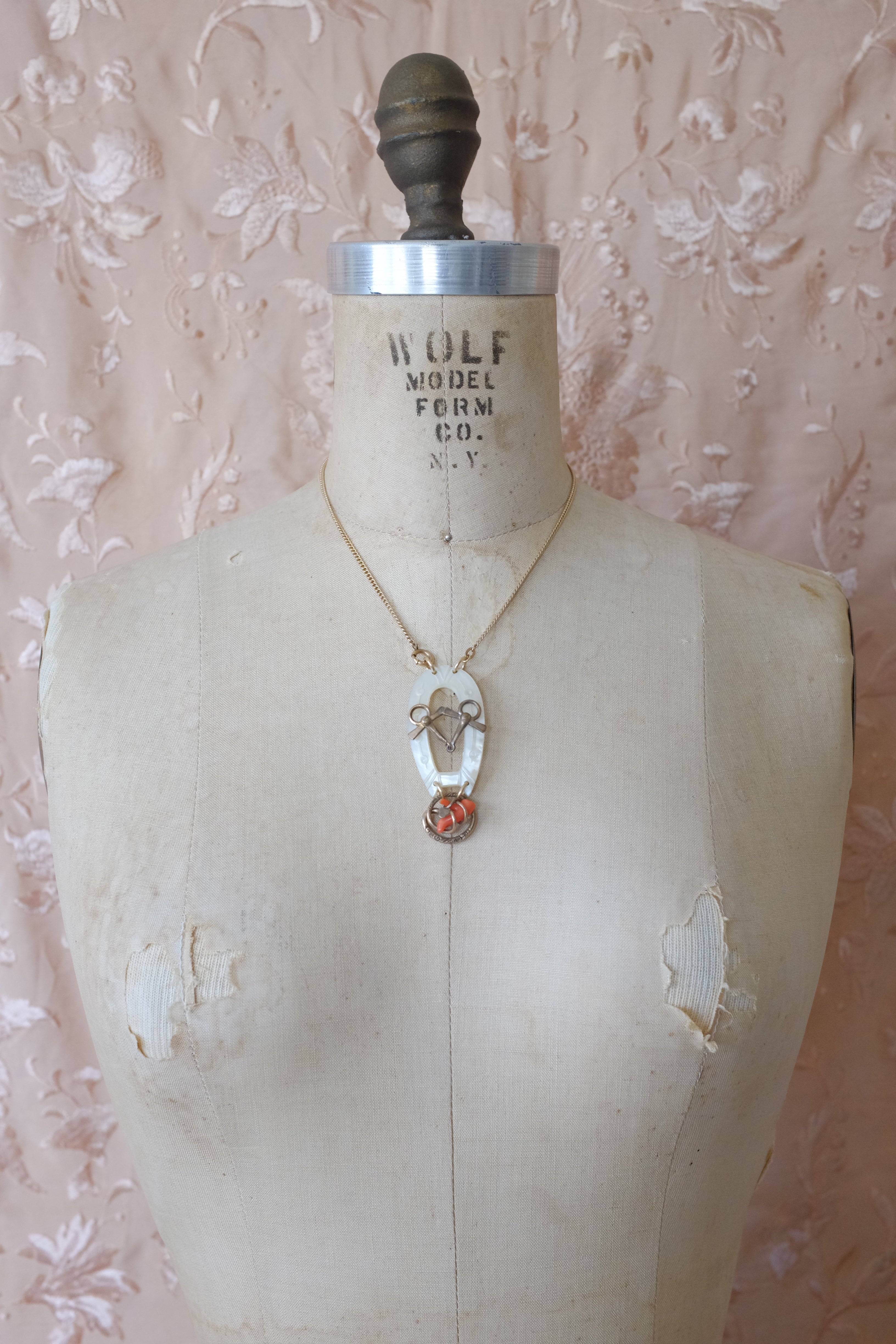 Antique Mother Of Pearl Horseshoe & Coral Necklace