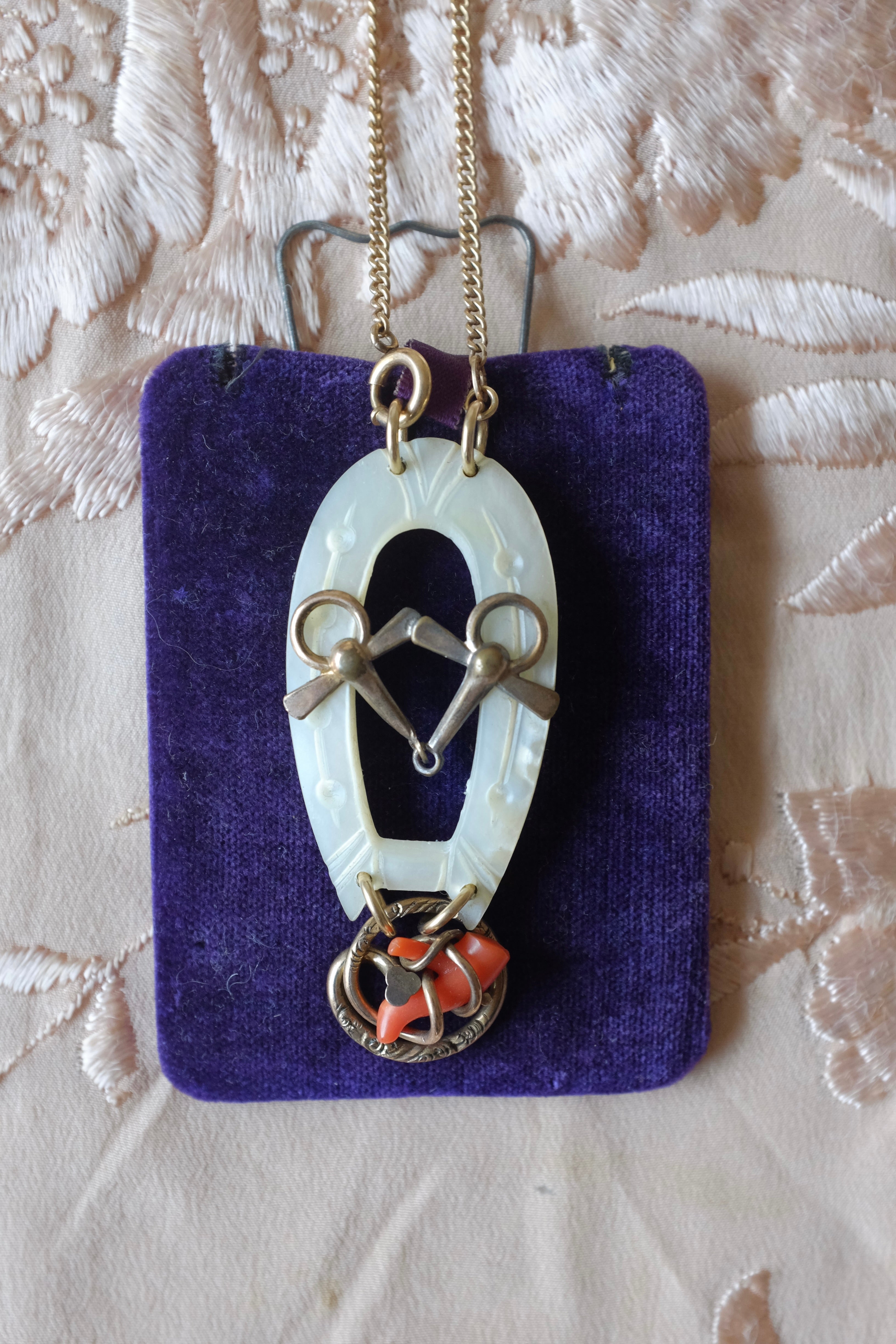 Antique Mother Of Pearl Horseshoe & Coral Necklace