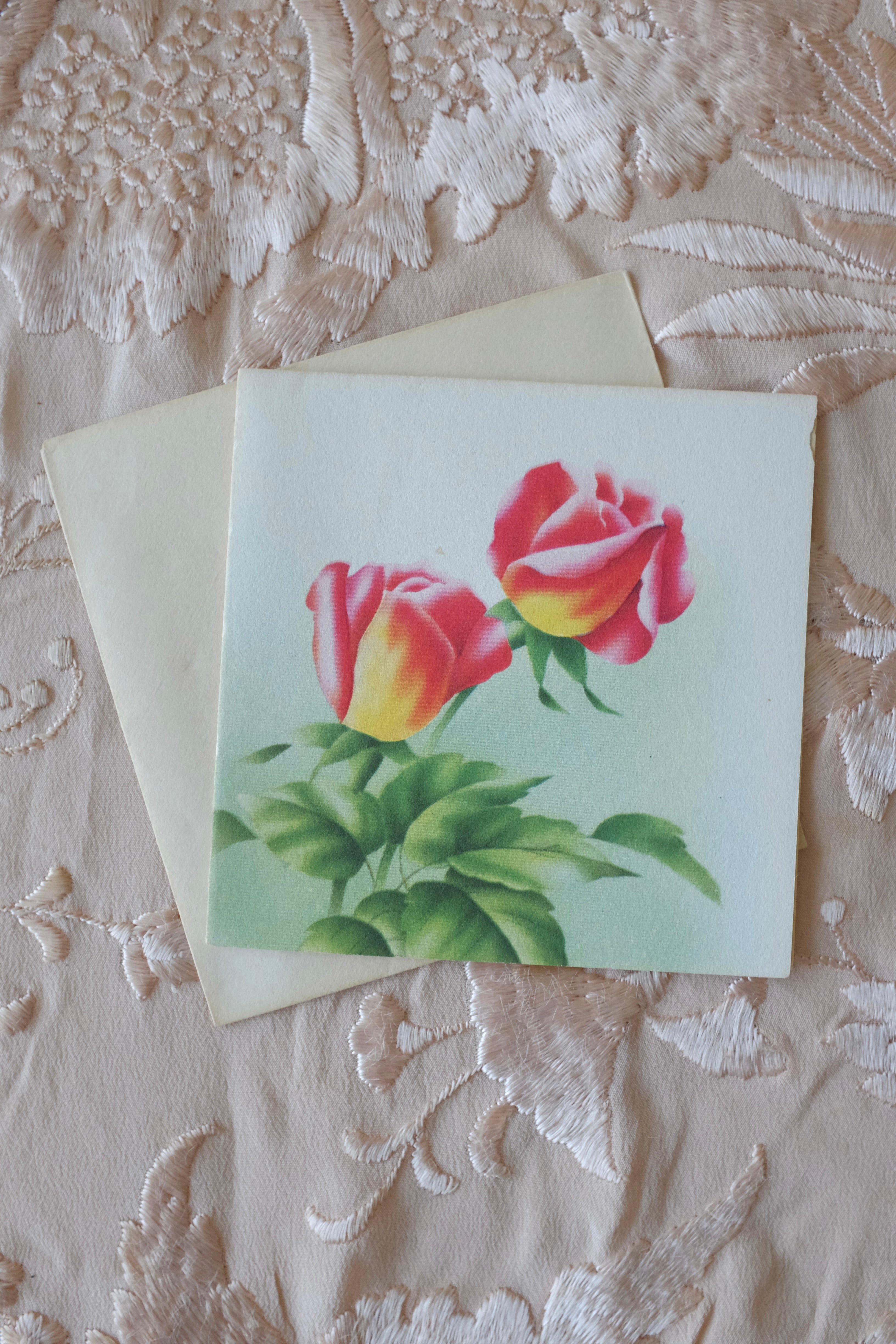 Vintage Blank Pink Roses Greeting Card & Envelope