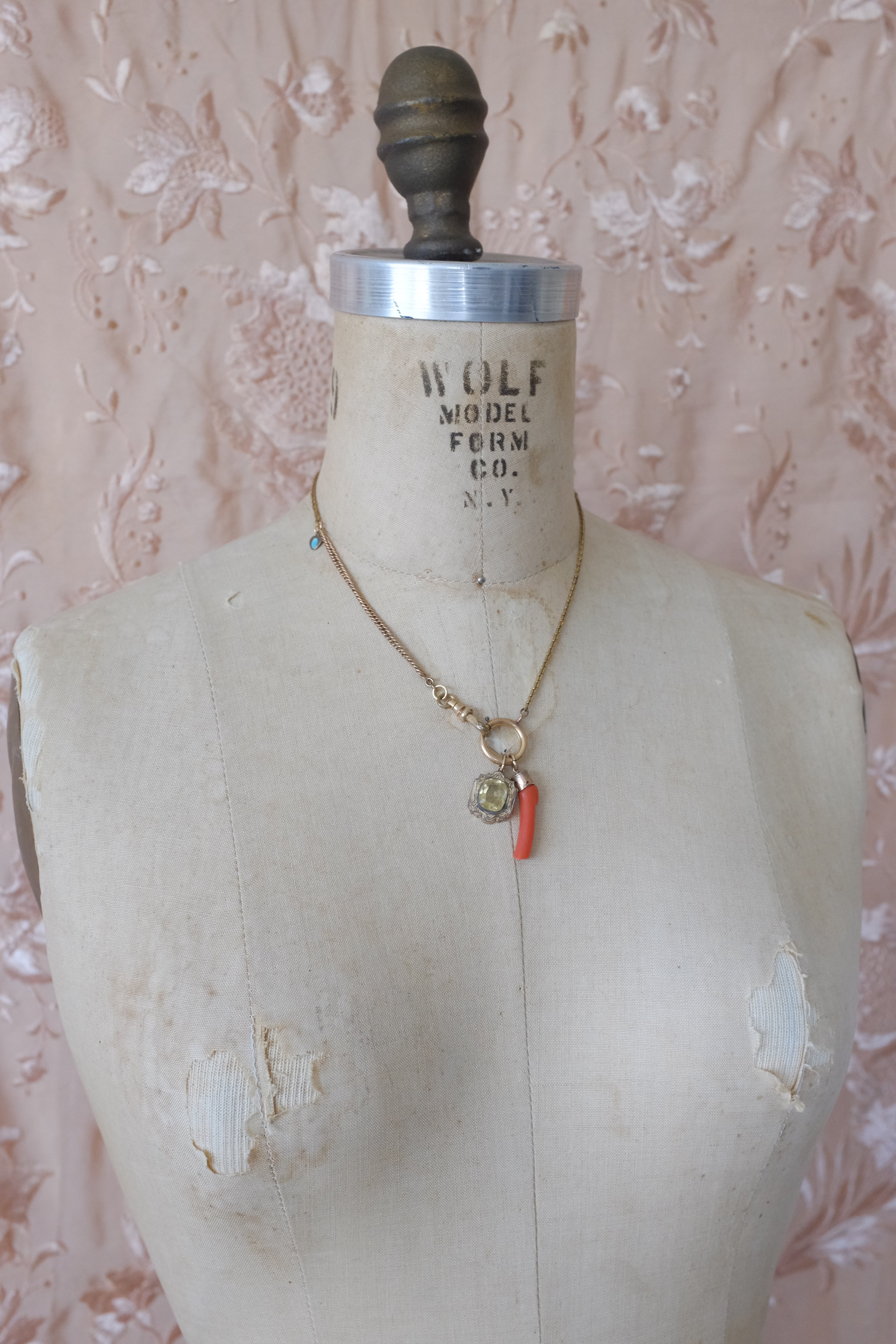Antique Citrine Glass & Coral Branch Necklace