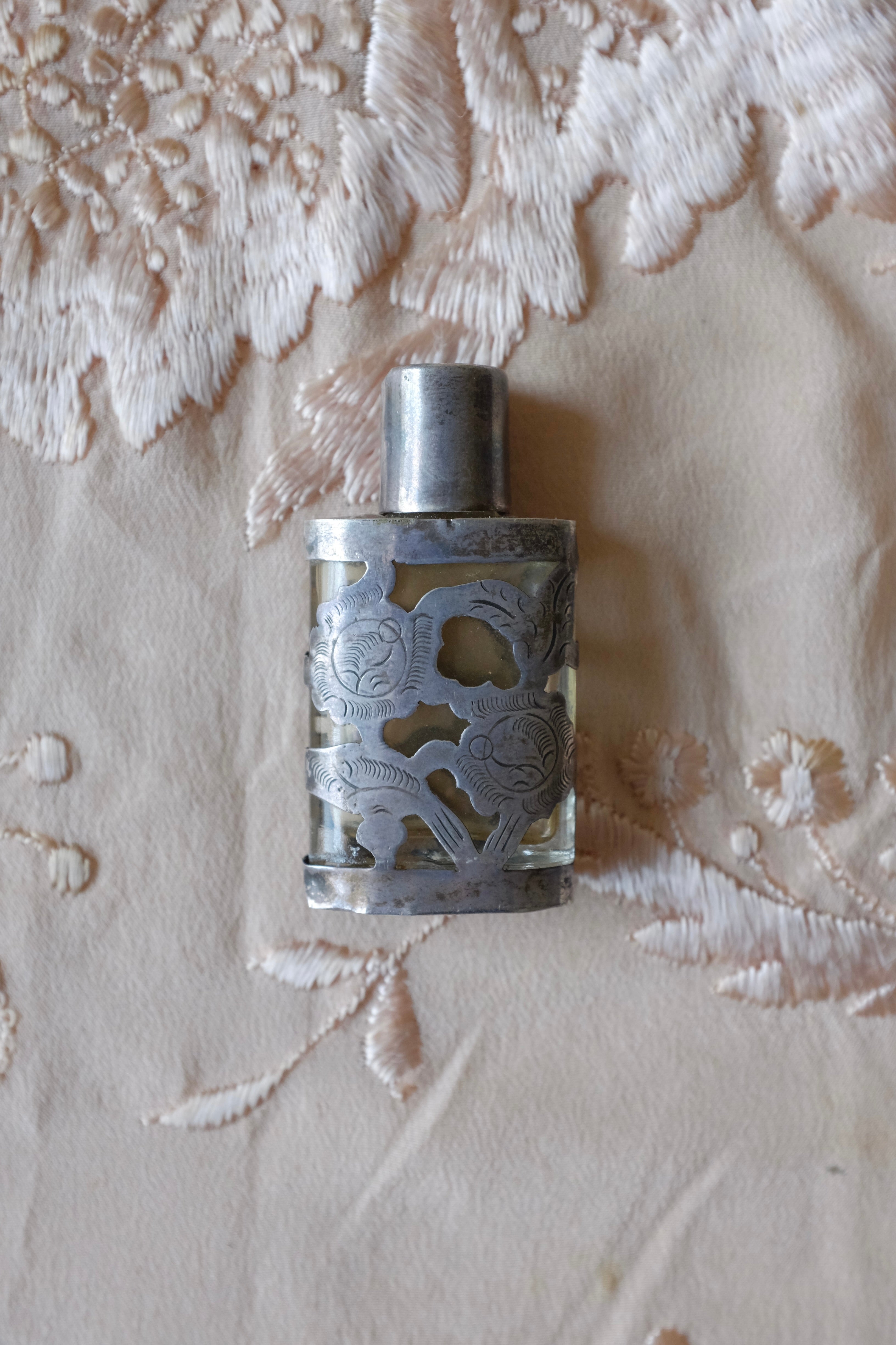 Vintage Mexican Sterling Miniature Floral Perfume Bottle