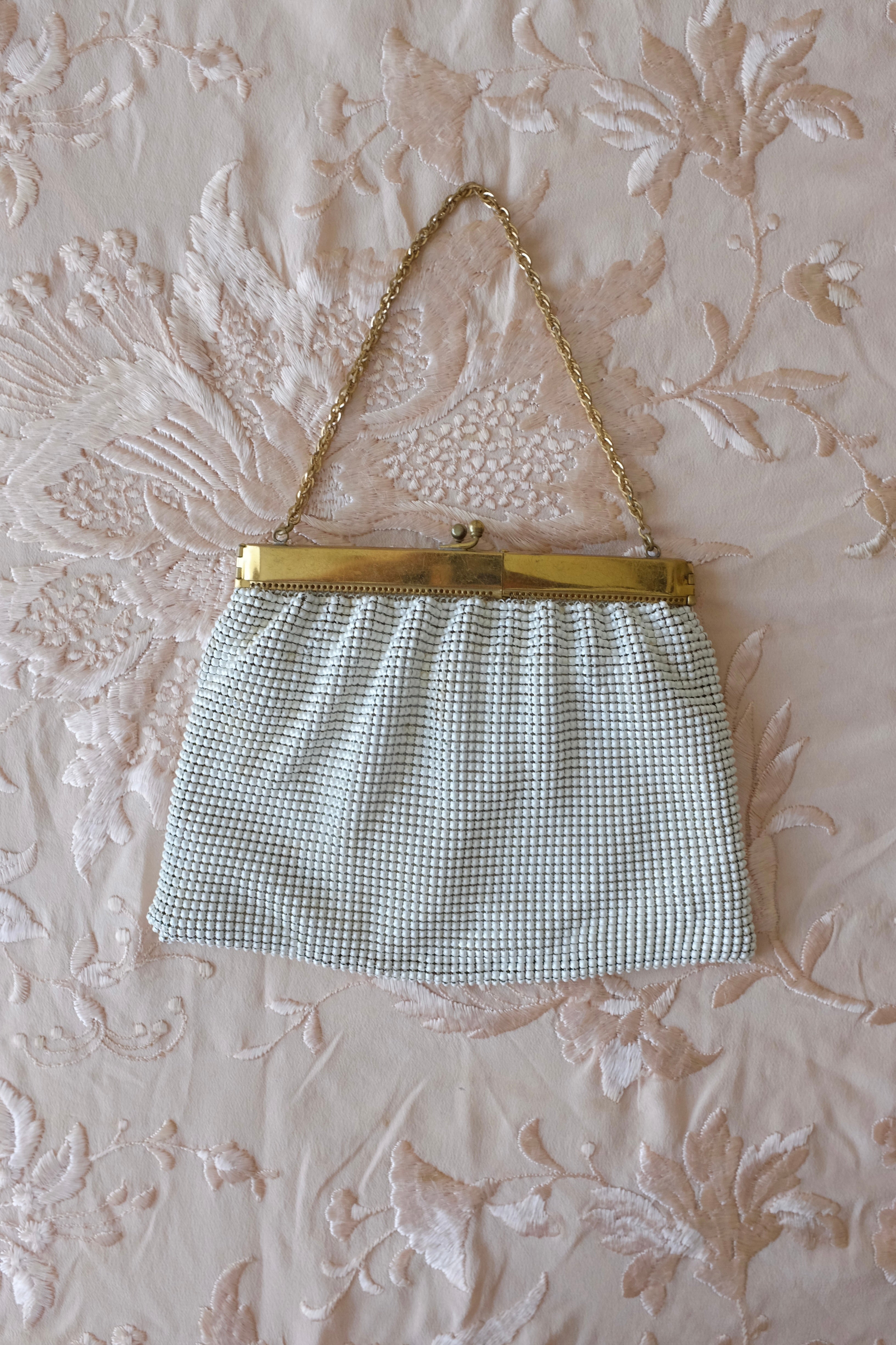 Vintage White Metal Mesh & Gold Chain Handle Bag
